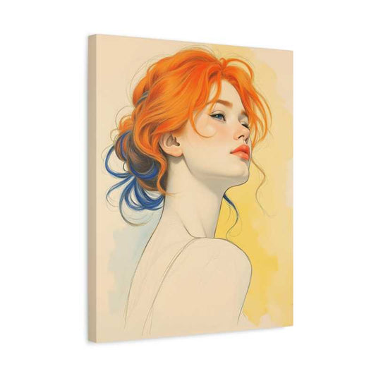 Minimalistic portrait of a woman with vivid orange and blue hair, looking upward with elegance, featured in a bold and serene Paint By Numbers for Canadian artists shown in a frame