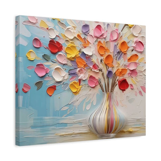 Floral Flight Paint By Numbers kit showcasing vibrant red, yellow, orange, pink, and lavender 3D textured flowers bursting from an elegant striped vase against a soft pastel background, perfect for Canadian artists shown in a frame