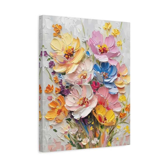 Floral Reverie Paint By Numbers kit featuring soft pink, white, yellow, orange, blue, and purple textured flowers blooming in a dreamy pastel bouquet, perfect for Canadian artists shown in a frame