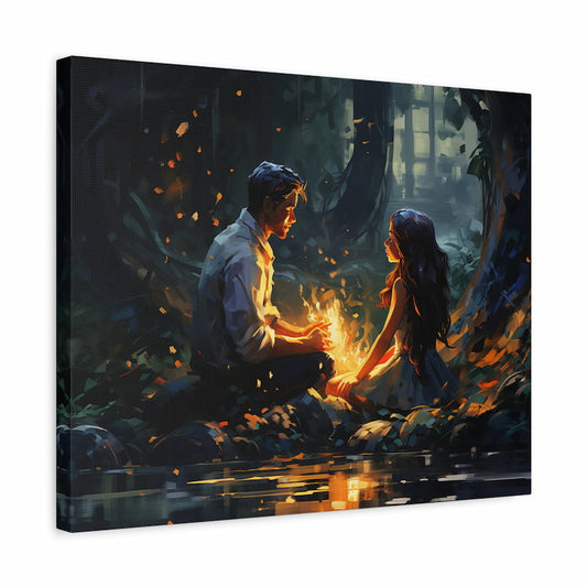 Paint by numbers artwork of a romantic couple sitting in a dark forest, their faces glowing with light from a small flame surrounded by falling embers and reflections in water shown in a frame