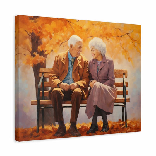 Paint by numbers of an elderly couple holding hands on a bench surrounded by autumn leaves, symbolizing lifelong love shown in a frame