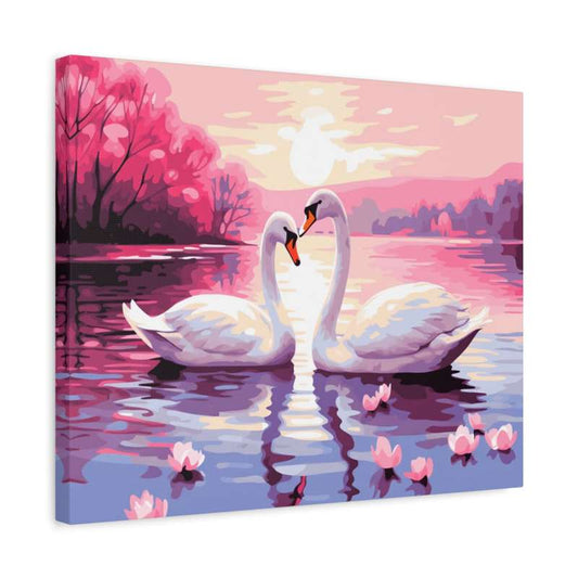Forever Together Paint By Numbers Kit showing two elegant swans forming a heart shape on a peaceful pink lake at sunset with blooming flowers shown in a frame