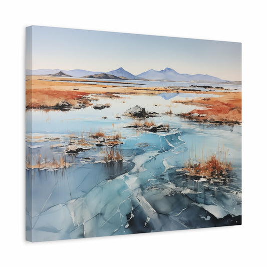 Paint by numbers artwork of a frozen lake with cracked ice, reeds, and distant mountains under a clear winter sky shown in a frame