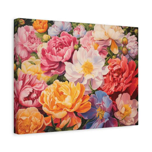 Highly detailed paint by numbers canvas featuring a lush garden of blooming peonies in vibrant shades of pink, yellow, red, lavender, and white with rich green foliage in the background shown in a frame