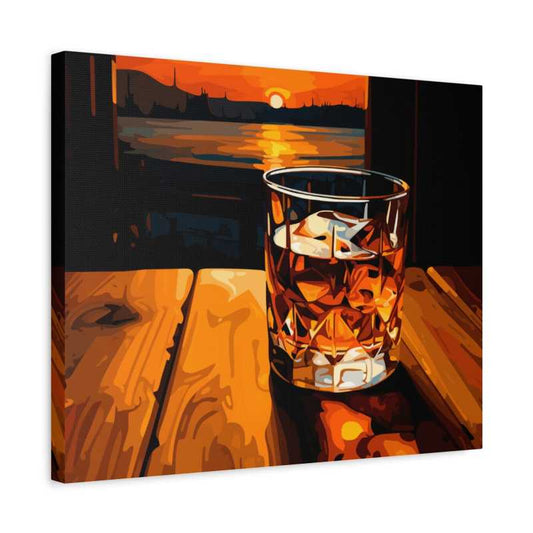 Paint by numbers canvas featuring a crystal whiskey glass on a wooden table, illuminated by the warm glow of a sunset over a calm lake and silhouetted skyline in the distance shown in a frame.