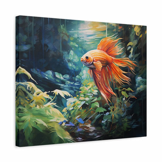 A Paint by Numbers artwork of a golden-orange fish with flowing fins swimming gracefully in an underwater scene with plants and sunlight filtering through the water shown in a frame