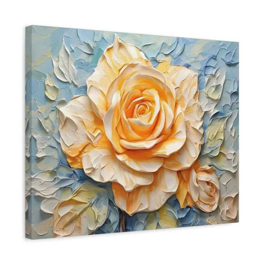 Golden Bloom 3D Flowers Paint By Numbers painting showcasing a beautifully textured golden-yellow rose surrounded by sculpted petals and pastel leaves, perfect for Canadian art lovers shown in a frame