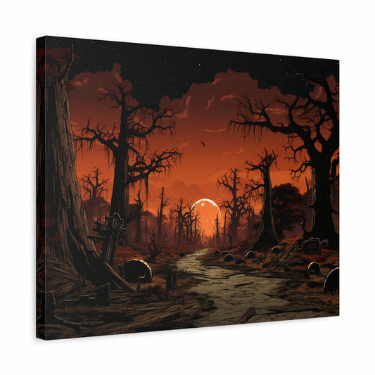 Paint by numbers artwork of a haunted forest under a blood moon with twisted trees, gravestones, and eerie orange sky shown in a frame