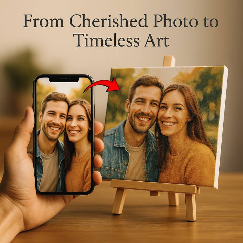 Photorealistic image showing a hand holding a smartphone with a clear photo of a smiling couple in a sunny park on the left, and on the right, the same scene recreated as a finished custom paint by numbers artwork resting on a wooden easel. The background features soft natural lighting, evoking warmth and cherished memories.