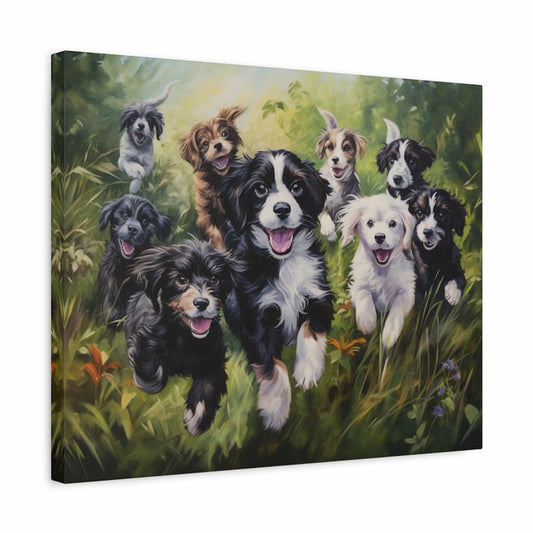 A group of playful puppies running joyfully through a grassy meadow with bright sunlight behind them shown in a frame