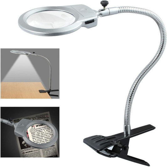 Flexible LED magnifying glass with clamp base, gooseneck arm, and zoom lens for reading, crafts, and fine detail work