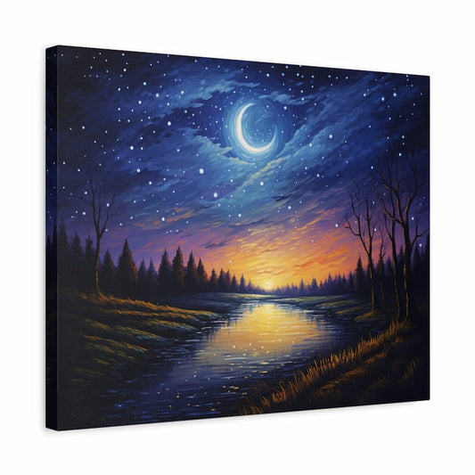 Moonlit river reflecting a glowing crescent moon and sunset sky over a forest shown in a frame