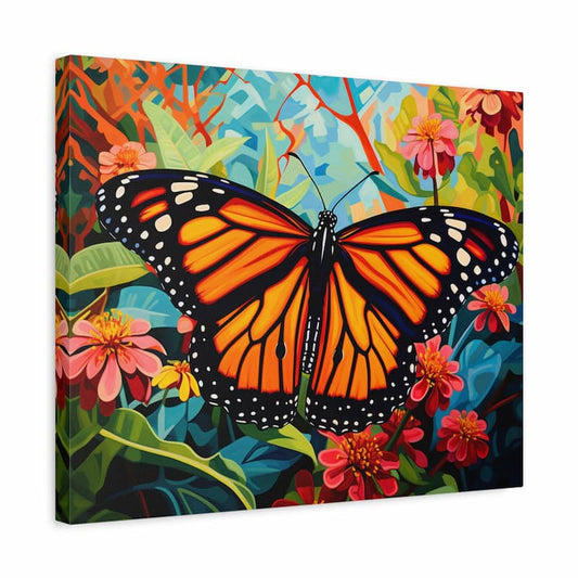 Paint by numbers kit of a monarch butterfly with bright orange wings among colorful garden flowers shown in a frame