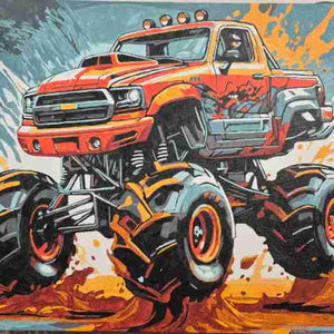Painting llustration of a monster truck with large wheels and vibrant colors on a blue background.