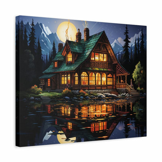 Cozy wooden cabin glowing under a full moon with reflections on a calm lake in a mountain forest paint by numbers design shown in a frame
