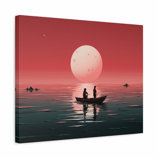 Paint by numbers kit of two people rowing a boat under a glowing moon on a crimson sea shown in a frame