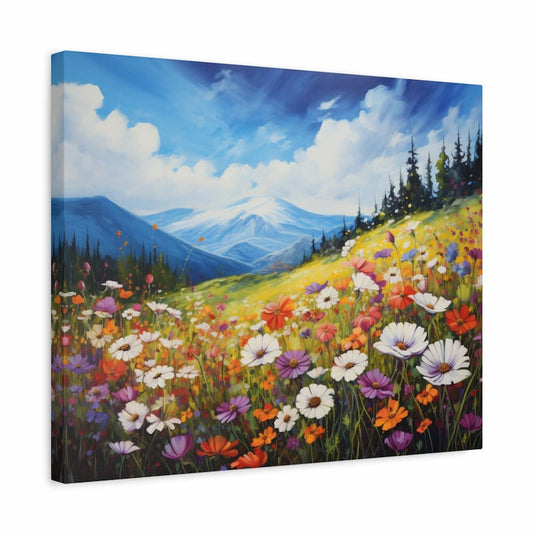 Colorful wildflower meadow with snow-capped mountains in a scenic paint by numbers design shown in a frame