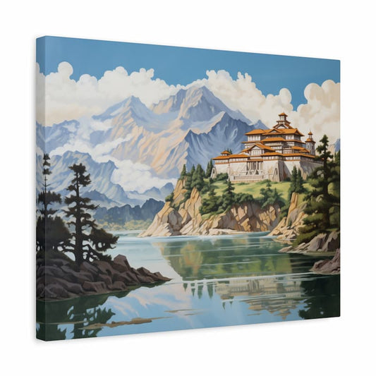 Paint by numbers kit of a mountain monastery overlooking a reflective lake with towering peaks in the background shown in a frame