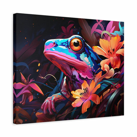 Paint by numbers artwork of a neon-colored frog with glowing orange eye surrounded by bright lilies and tropical leaves in vivid psychedelic colors shown in a frame