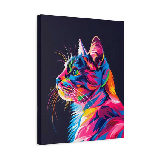 Neon Whiskers Paint By Numbers featuring a colourful, stylized cat in vivid blues, pinks, and oranges with sharp detailing and a bold dark background shown in a frame