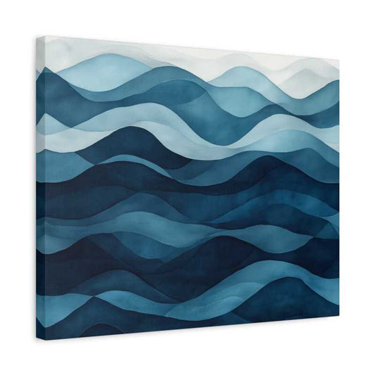 Ocean Layers Paint By Numbers kit showing soft, overlapping abstract blue wave patterns in a tranquil and modern watercolor-inspired design shown in a frame.