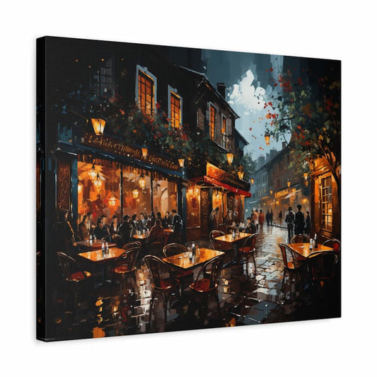 A glowing Parisian café scene at night with rainy cobblestone streets and golden lamplight shown in a frame