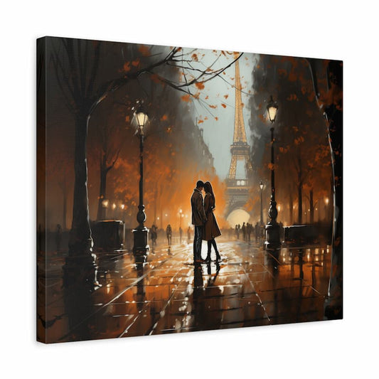 A romantic couple kissing under Paris streetlamps with the Eiffel Tower in the background on a rainy autumn night shown in a frame