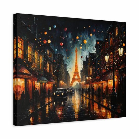 Paint by numbers of the Eiffel Tower glowing over a rainy Paris street at night shown in a frame