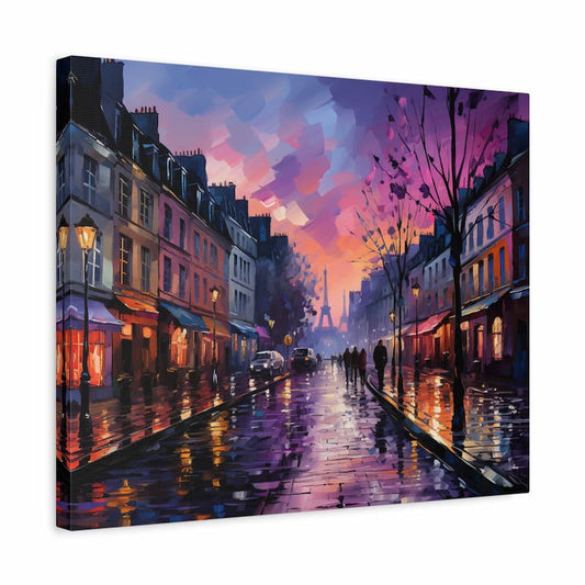 Paint by numbers of a Paris street at sunset with glowing lights, colorful reflections, and the Eiffel Tower in the distance shown in a frame