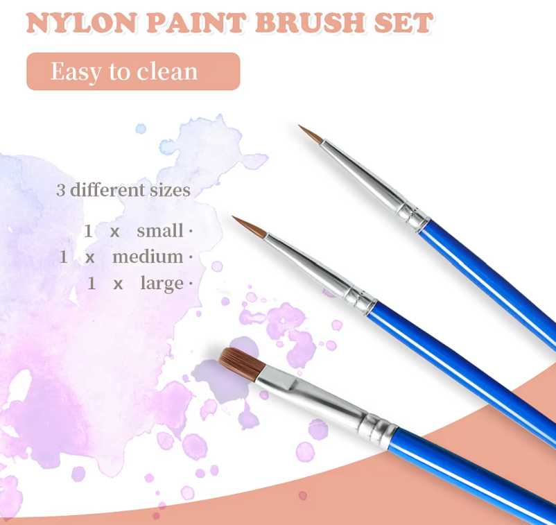 A graphic showing a nylon paint brush set with three blue-handled brushes in small, medium, and large sizes. The background includes soft watercolor splashes, and text highlights that the brushes are "Easy to clean" and come in three different sizes.