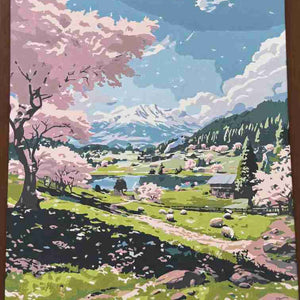 Painting of a scenic landscape with cherry blossom trees, a lake, and mountains.