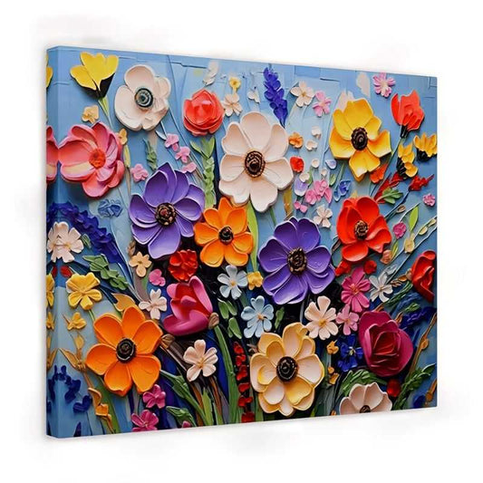 Canvas print of a colorful floral design with various flowers on a blue background.