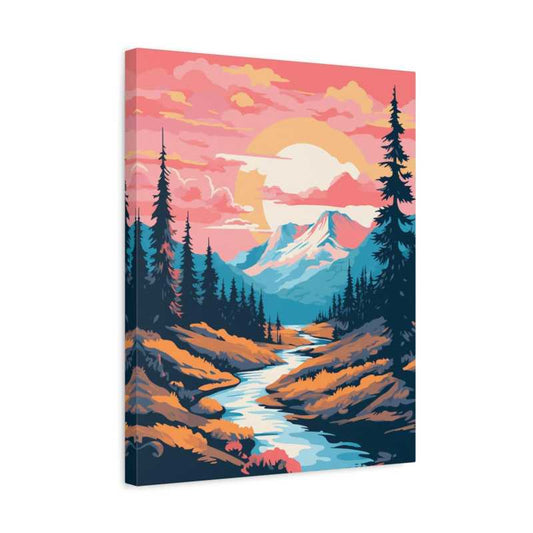Rosy Sunset River Paint By Numbers artwork showcasing a pink sky sunset over a flowing river, surrounded by pine trees and glowing mountain peaks in a frame