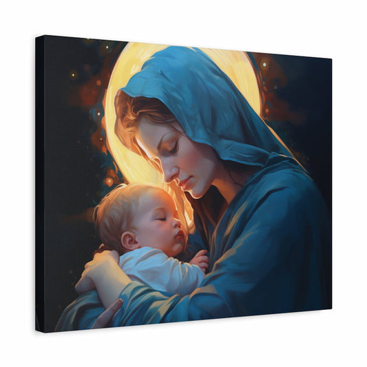 Paint by numbers kit of a woman in a blue cloak tenderly holding a sleeping child under a glowing halo shown in a frame