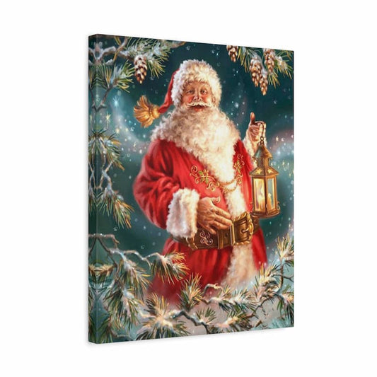A Paint by Numbers artwork of Santa Claus in a red suit holding a glowing lantern, surrounded by snowy pine branches and pinecones shown in a frame