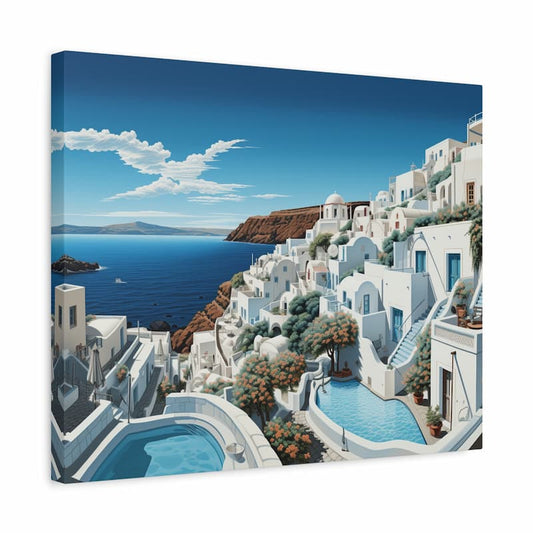 Paint by numbers kit of Santorini’s whitewashed houses and blue sea under a bright Mediterranean sky shown in a frame