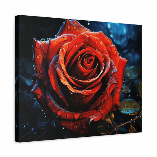 A vivid red rose covered in raindrops against a dramatic dark and blue background shown in a frame