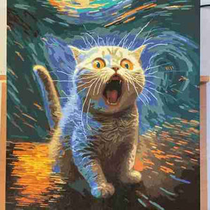 Cat with a surprised expression in a style reminiscent of Van Gogh's 'Starry Night'.