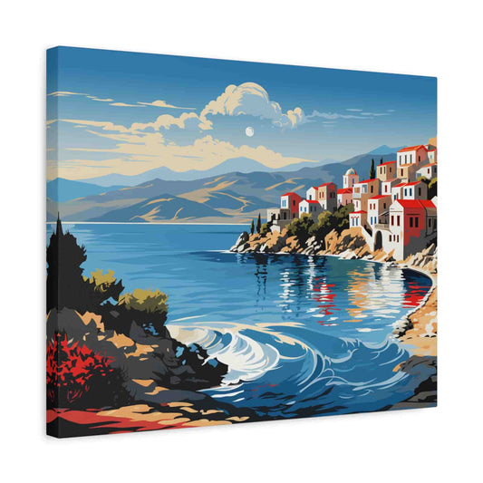 Paint by numbers artwork of a Mediterranean seaside village with red-roofed houses, blue ocean waves, and mountain backdrop shown in a frame