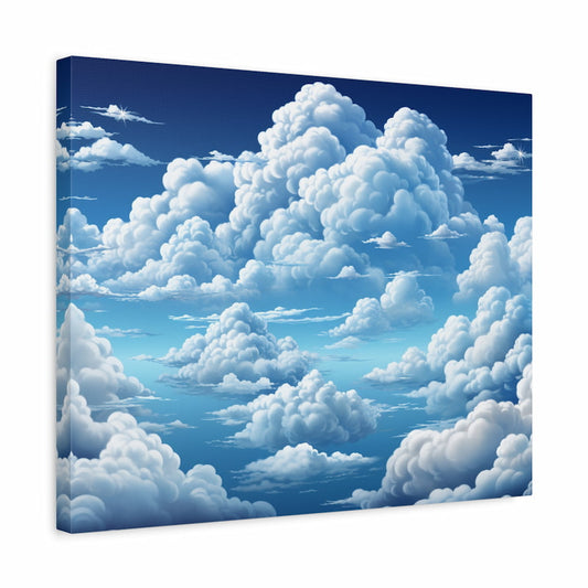 Paint by numbers kit of a vast cloudscape with towering white cumulus clouds against a deep blue sky shown in a frame