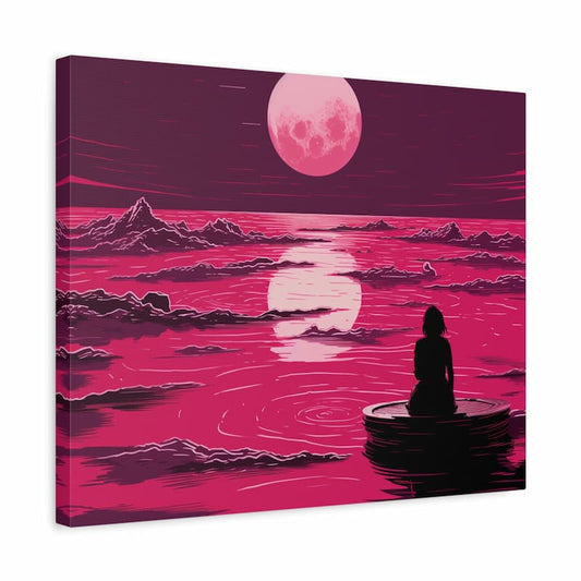 A silhouette of a person sitting by crimson waters, gazing at a glowing pink full moon reflecting across the ocean shown in a frame