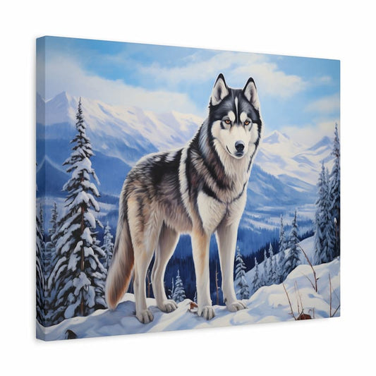 Paint by numbers kit of a majestic snow wolf standing in a snowy mountain landscape shown in a frame