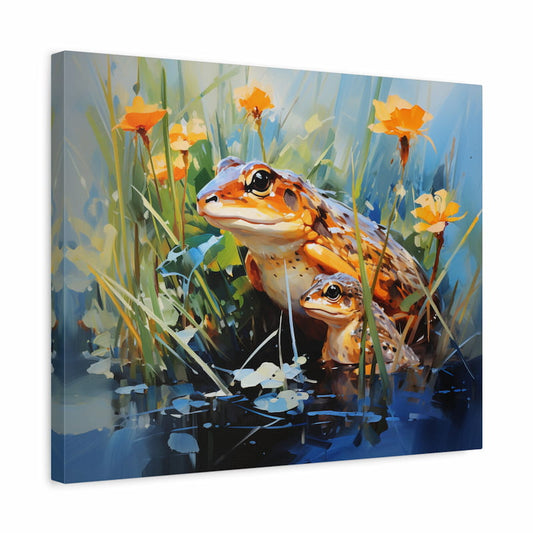 Paint by numbers artwork of two frogs resting by a pond among yellow wildflowers and tall green grass with reflections in the water shown in a frame