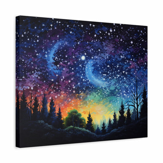 Paint by numbers artwork of a magical night sky with glowing stars, crescent moons, and colorful twilight above a dark forest silhouette shown in a frame