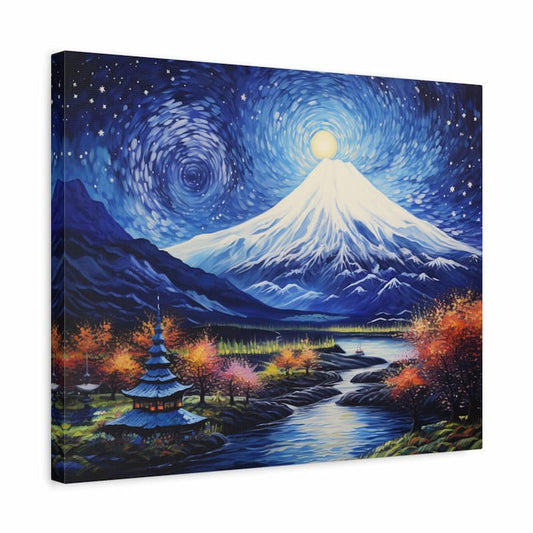 Paint by numbers kit of a snow-capped mountain under a swirling starry night sky with autumn trees and a pagoda shown in a frame