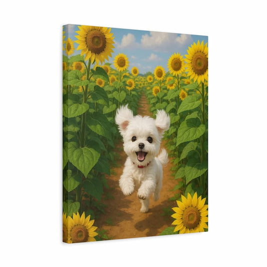 Happy white puppy running through a field of bright yellow sunflowers under a blue sky shown in a frame