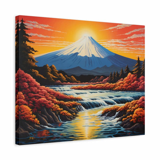 Paint by numbers kit of a sunrise over a snow-capped mountain with cascading waterfalls and autumn foliage shown in a frame