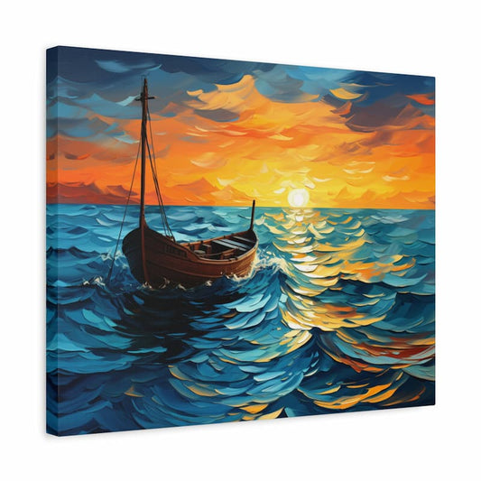 A Paint by Numbers seascape featuring a wooden sailboat floating on deep blue waves under a glowing sunset sky with golden reflections shown in a frame