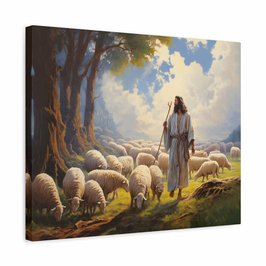 Paint by numbers of a person as the Good Shepherd walking among sheep in a sunlit field under a glowing sky shown in a frame