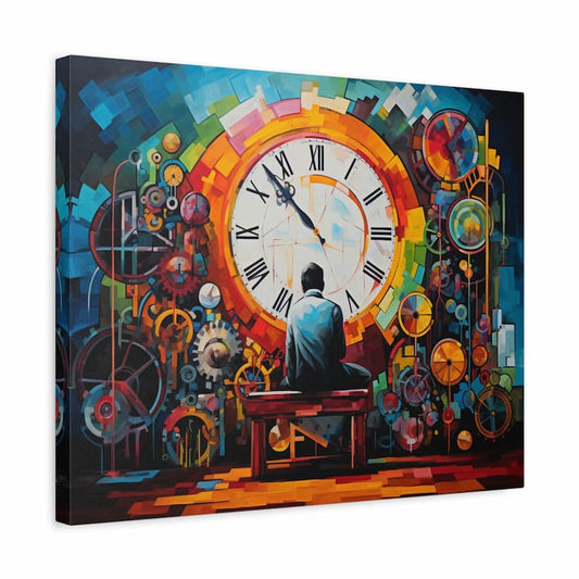 A man sits before a giant clock surrounded by colorful gears and abstract machinery shown in a frame